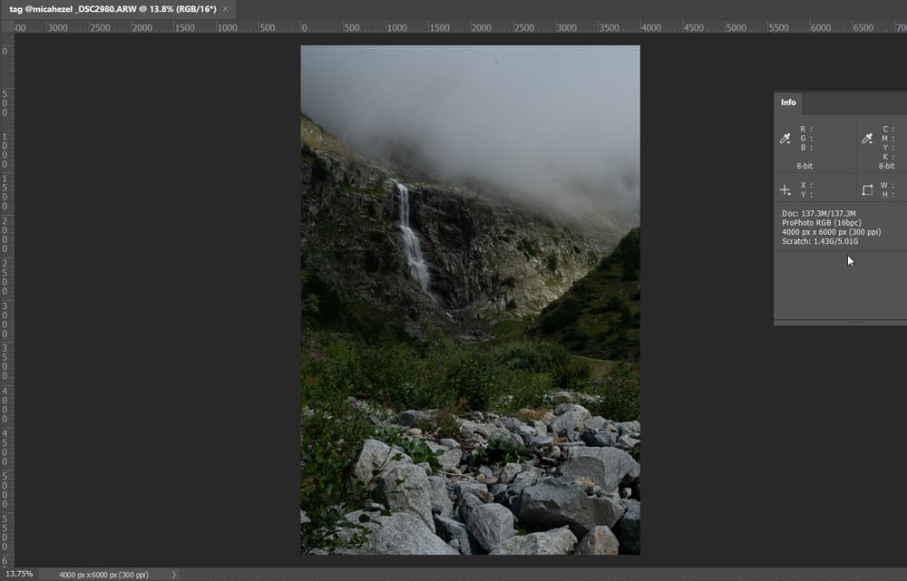 raw image opened as ProPhoto RGB in 16 bit channel in photoshop