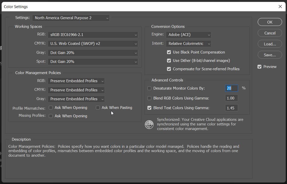 color settings dialog box in photoshop