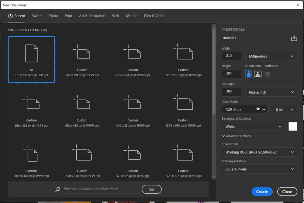 recent tab in new document dialog box in photoshop