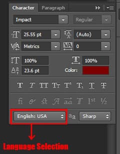language selection in character panel in photoshop