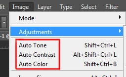 auto tone, auto contrast & auto color options under image menu in photoshop