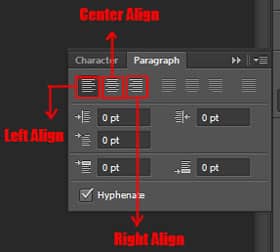 Alignment in paragraph panel in photoshop