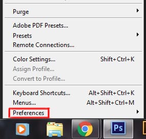 preferences option under edit menu in photoshop