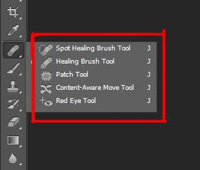 spot healing brush tool | healing brush tool | patch tool | content-aware move tool | red eye tool