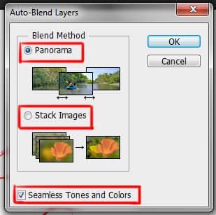 auto blend layers dialog box in photoshop
