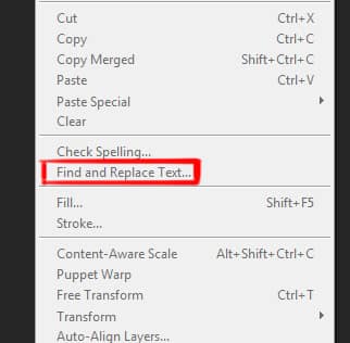 find and replace text... option under edit menu in photoshop