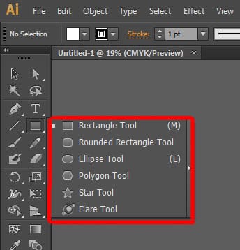 rectangle tool, rounded rectangle tool, ellipse tool, polygon tool, star tool, flare tool