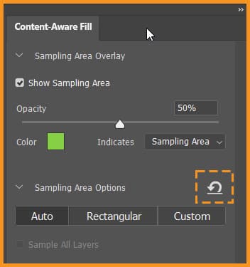 Reset Sampling Area icon in Content-Aware Fill Panel