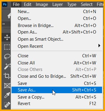 Save As command under File menu in Photoshop