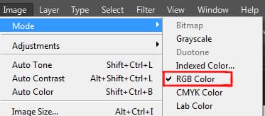 rgb color option under mode in image menu in photoshop