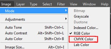 cmyk color option under mode in image menu in photoshop