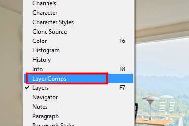 layer comps panel under window menu in photoshop