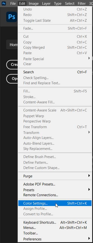 color settings option under edit menu in photoshop