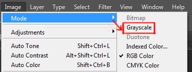 grayscale under mode option in image menu in photoshop