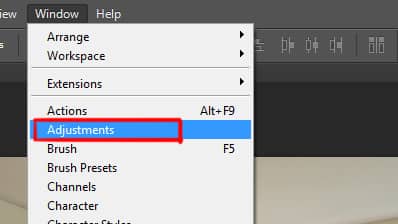 adjustments panel under window menu in photoshop