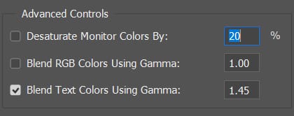 advanced controls options in color settings in photoshop