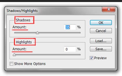 shadows/ highlights adjustment dialog box in photoshop