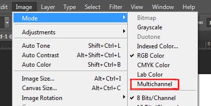 multichannel option under mode in image menu in photoshop