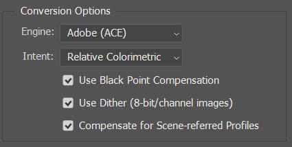 conversion options in color settings in photoshop