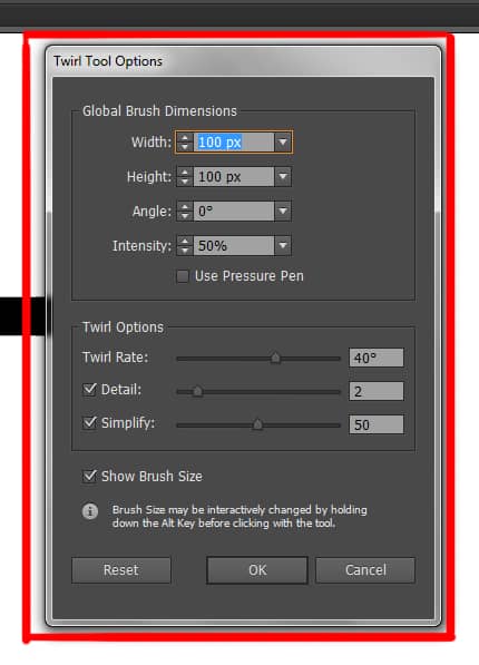 twirl tool options dialog box in illustrator