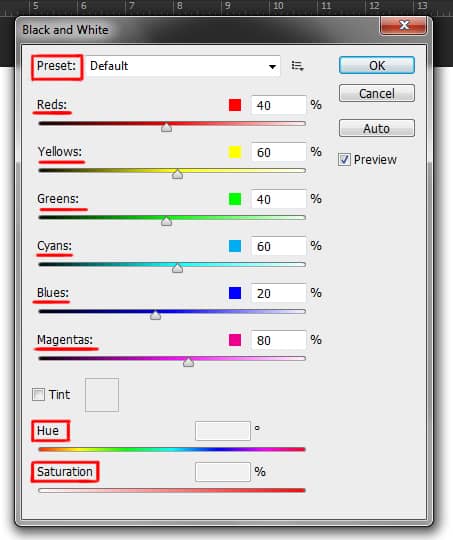 black and white adjustment dialog box in photoshop
