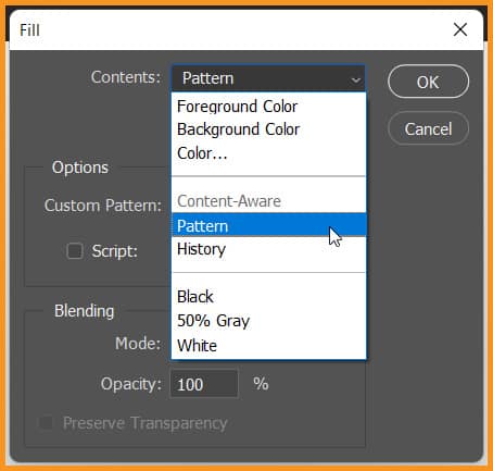 Fill command dialog box in photoshop