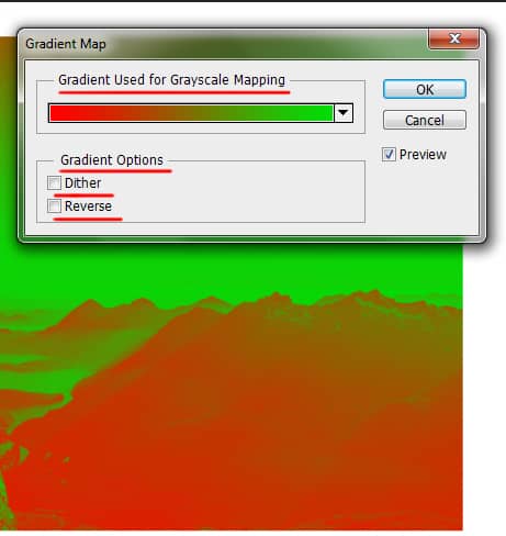 gradient map adjustment dialog box in photoshop