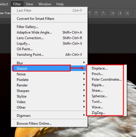 distort option under filter menu in photoshop