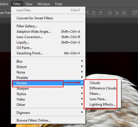 Render options under filter menu in photoshop