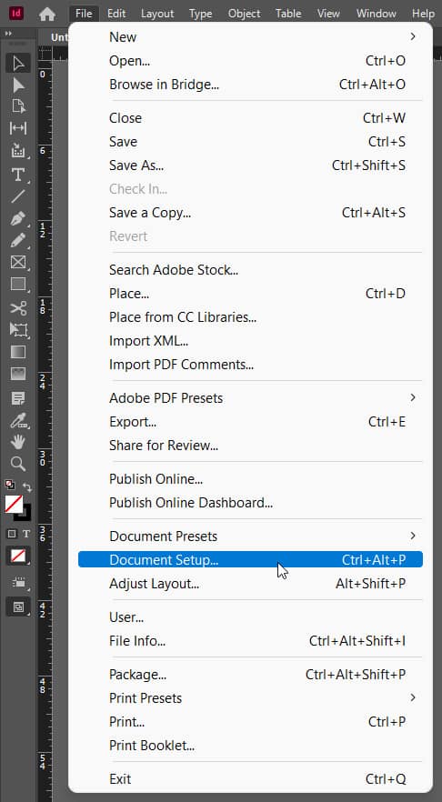 document setup option under file menu in indesign