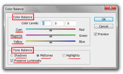 color balance dialog box in photoshop