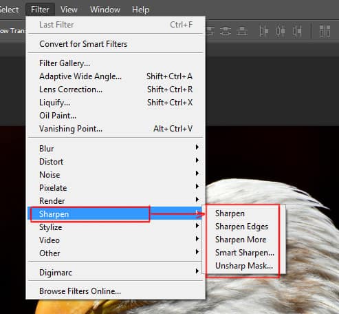 sharpen options under filter menu in photoshop