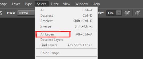 all layers option under select menu in photoshop