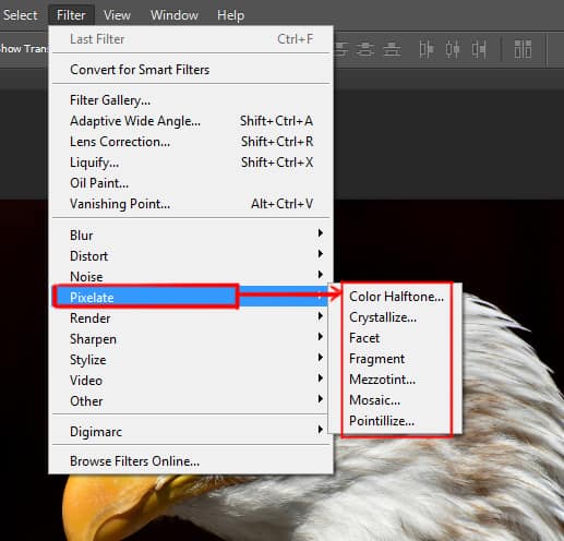 pixelate options under filter menu in photoshop