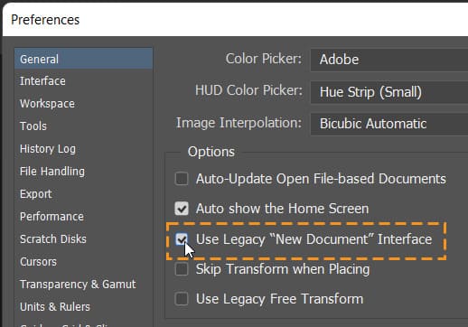 use legacy new document interface checkbox in general tab in preferences of photoshop