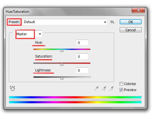 hue/ saturation dialog box in photoshop