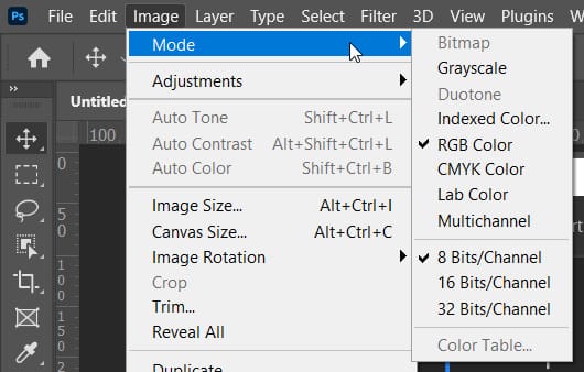 mode option in image menu in photoshop