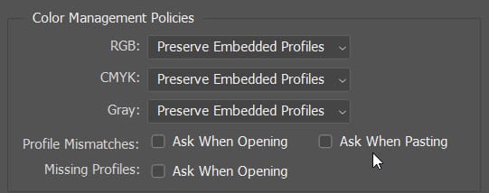 color management policies in color settings dialog box in photoshop