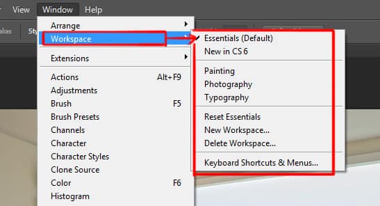 workspace option under window menu in photoshop
