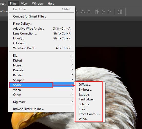 stylize option under filter menu in photoshop