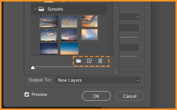 Folder, Add new sky and Delete option in Sky Replacement dialog box
