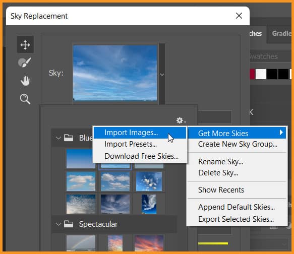 Import images option in Sky Replacement dialog box