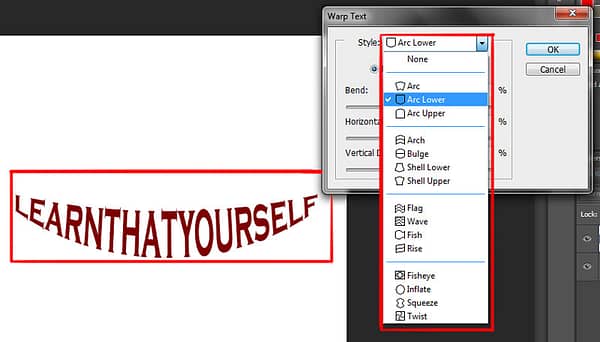 warp text options dialog box in photoshop