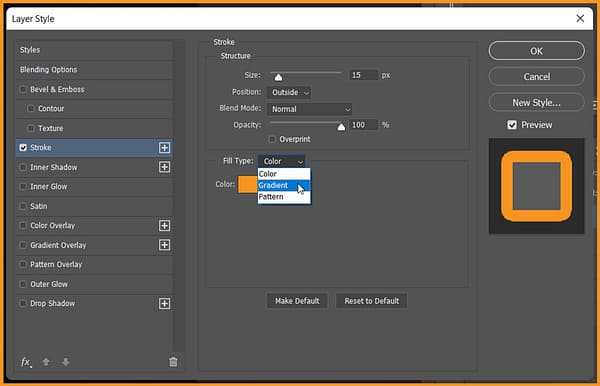 Fill type in Layer Styles Stroke dialog box