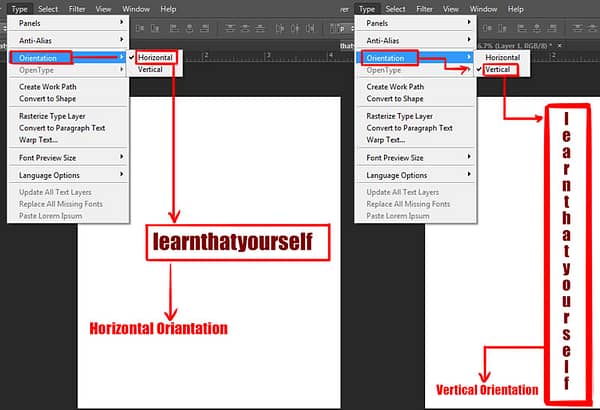orientation option under type menu in photoshop