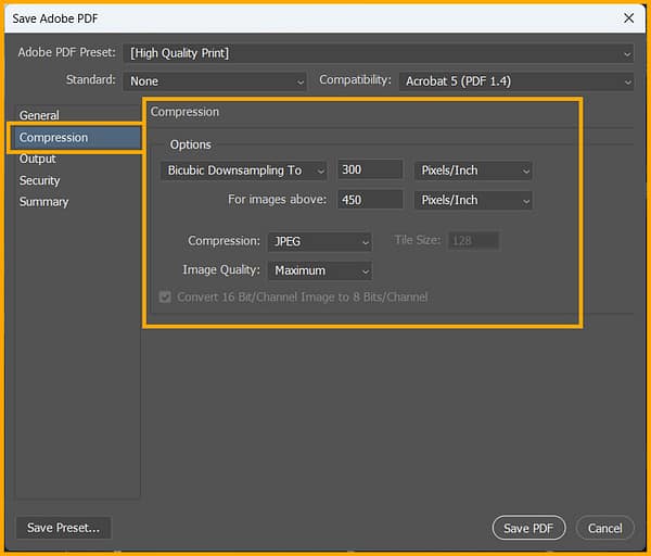 Compression options in Save Adobe PDF dialog box