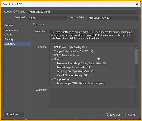 Summary option in Save Adobe PDF dialog box