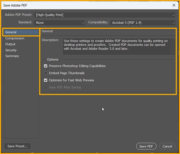 General tab in Save Adobe PDF dialog box
