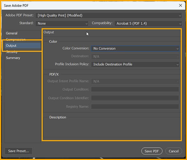 Output option in Save Adobe PDF dialog box