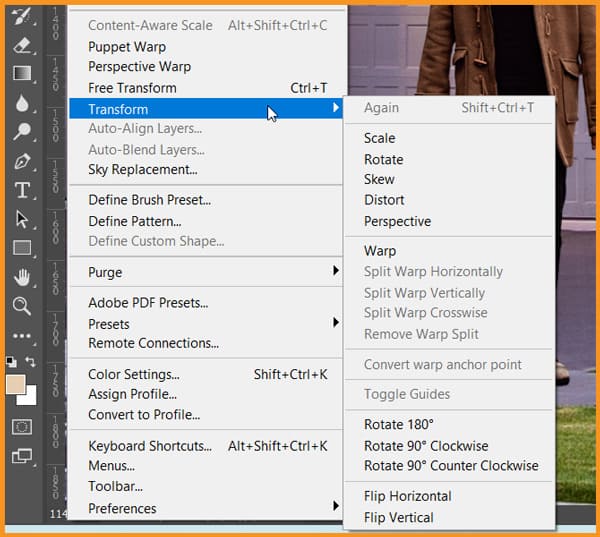 Transform command under Edit menu in Photoshop